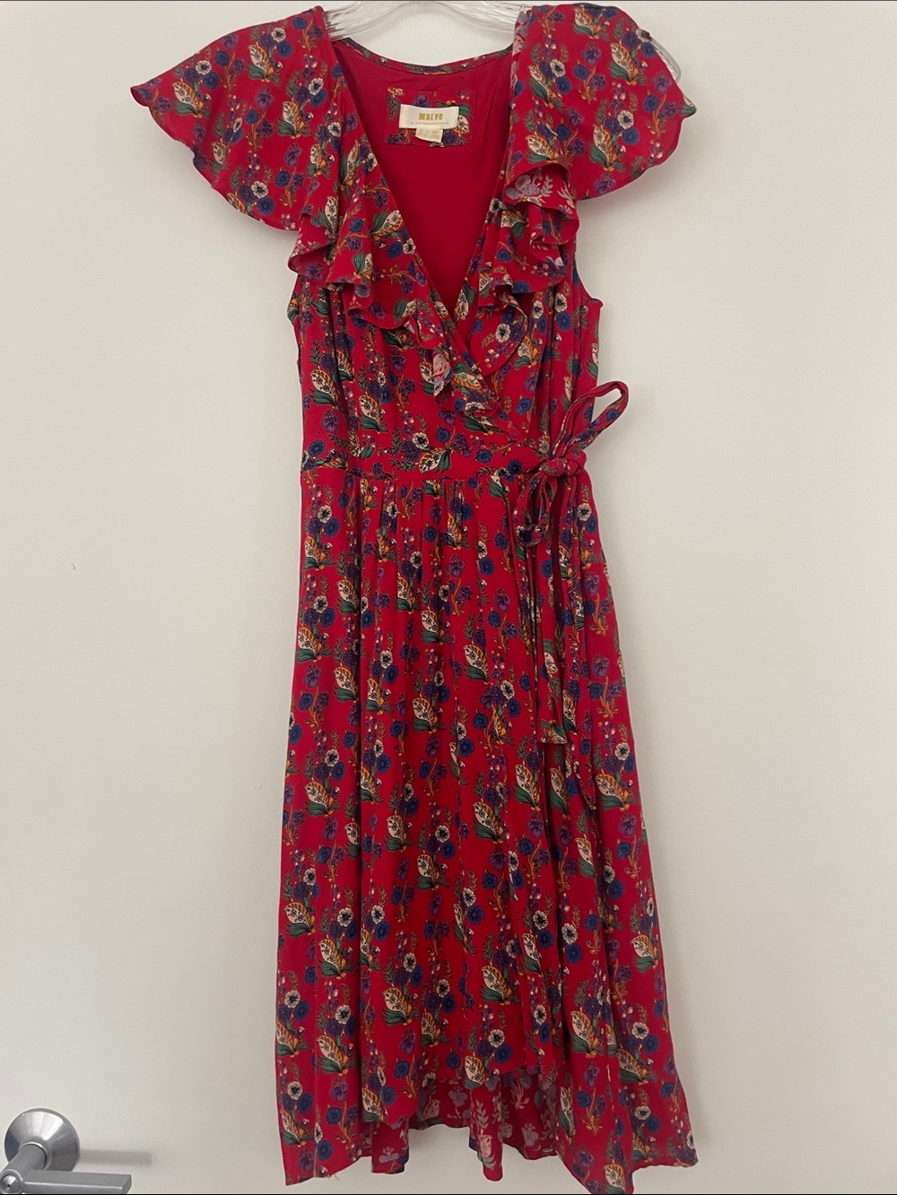 Maeve by Anthropologie Red Floral Ruffle Wrap Midi Dress with Tie
